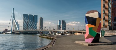 Vy över Erasmusbron och en färgglad staty i Rotterdam.