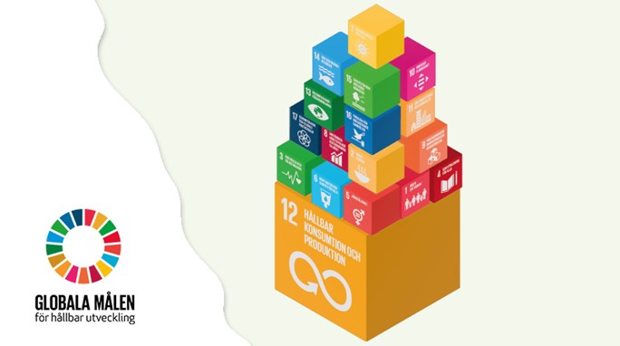 Cirkel med 17 f&auml;rger som utg&ouml;r logga f&ouml;r de globala m&aring;len f&ouml;r h&aring;llbar utveckling. Samt illustrerade klossar med de 17 globala m&aring;len staplade p&aring; varandra.